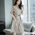 Women Girls Elegant Stripes Pattern Tight Waist Dress  black XL