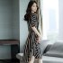 Women Girls Elegant Stripes Pattern Tight Waist Dress  black XL