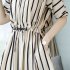 Women Girls Elegant Stripes Pattern Tight Waist Dress  white XL
