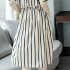 Women Girls Elegant Stripes Pattern Tight Waist Dress  white XL