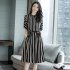 Women Girls Elegant Stripes Pattern Tight Waist Dress   White M