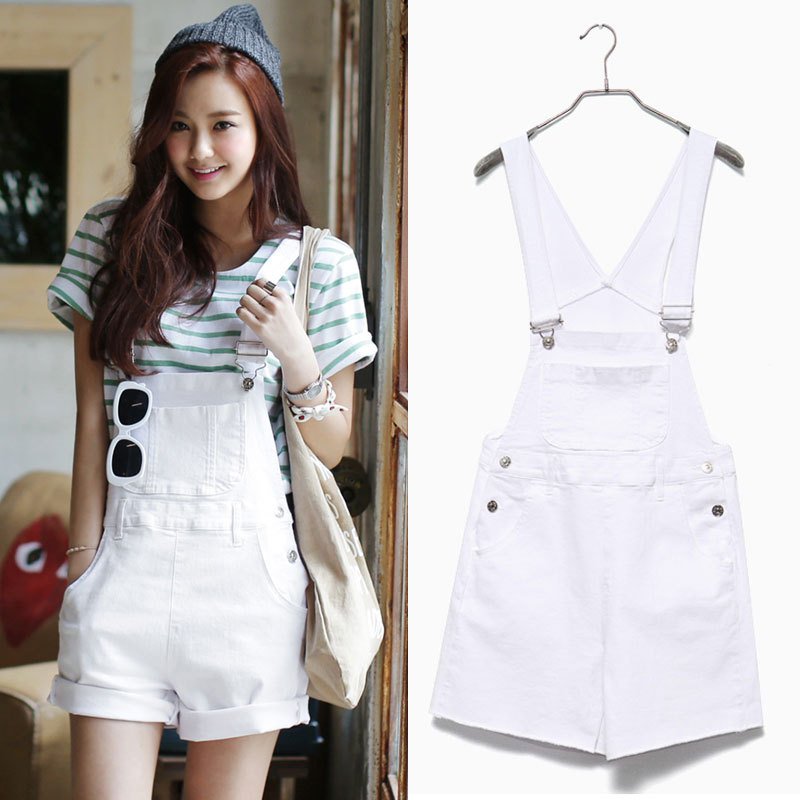 Women Girls Summer Cute Sweet Candy Color Casual Loose Denim Suspender Shorts white_XL