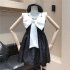 Women Girls Summer Sweet Dress Bow Design Sleeveless High Waist Dating Cute Fashion Ball Gown Princess Dress black  S