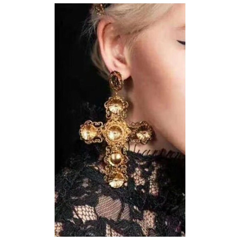 Women Gothic Statement Gold Plated Big Cross Drop Earrings Cool Dangle Earrings
