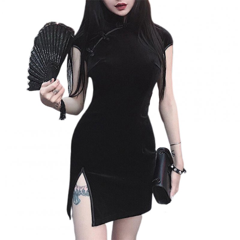 Women Halloween Cheongsam Retro Dress Dress Dark Sexy Dress black_L