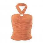 Women Halter Crop Top Ruched Sleeveless Solid Color Casual Tank Top Sexy Backless Slim Fit Cami Tops Brown M