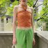 Women Halter Crop Top Ruched Sleeveless Solid Color Casual Tank Top Sexy Backless Slim Fit Cami Tops Brown L
