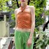 Women Halter Crop Top Ruched Sleeveless Solid Color Casual Tank Top Sexy Backless Slim Fit Cami Tops Brown L