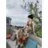 Women Halter Neck Dress Elegant V Neck Retro French Style Printing A line Skirt Sexy Sleeveless Backless Midi Skirt As shown S