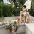 Women Halter Neck Dress Elegant V Neck Retro French Style Printing A line Skirt Sexy Sleeveless Backless Midi Skirt As shown S