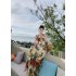 Women Halter Neck Dress Elegant V Neck Retro French Style Printing A line Skirt Sexy Sleeveless Backless Midi Skirt As shown S