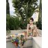 Women Halter Neck Dress Elegant V Neck Retro French Style Printing A line Skirt Sexy Sleeveless Backless Midi Skirt As shown S