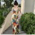 Women Halter Neck Dress Elegant V Neck Retro French Style Printing A line Skirt Sexy Sleeveless Backless Midi Skirt As shown S