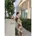 Women Halter Neck Dress Elegant V Neck Retro French Style Printing A line Skirt Sexy Sleeveless Backless Midi Skirt As shown S