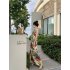 Women Halter Neck Dress Elegant V Neck Retro French Style Printing A line Skirt Sexy Sleeveless Backless Midi Skirt As shown S