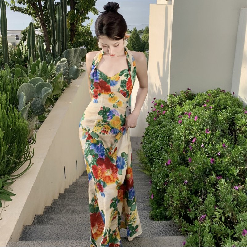 Women Halter Neck Dress Elegant V Neck Retro French Style Printing A-line Skirt Sexy Sleeveless Backless Midi Skirt As shown S