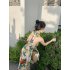 Women Halter Neck Dress Elegant V Neck Retro French Style Printing A line Skirt Sexy Sleeveless Backless Midi Skirt As shown S