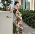 Women Halter Neck Dress Elegant V Neck Retro French Style Printing A line Skirt Sexy Sleeveless Backless Midi Skirt As shown S