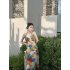 Women Halter Neck Dress Elegant V Neck Retro French Style Printing A line Skirt Sexy Sleeveless Backless Midi Skirt As shown S