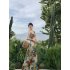 Women Halter Neck Dress Elegant V Neck Retro French Style Printing A line Skirt Sexy Sleeveless Backless Midi Skirt As shown S