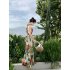 Women Halter Neck Dress Elegant V Neck Retro French Style Printing A line Skirt Sexy Sleeveless Backless Midi Skirt As shown L