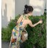 Women Halter Neck Dress Elegant V Neck Retro French Style Printing A line Skirt Sexy Sleeveless Backless Midi Skirt As shown L