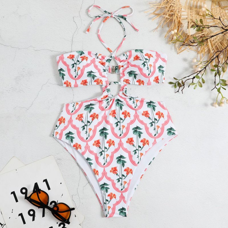 Women Halter Swimsuit Retro Ethnic Moroccan Printing Sexy High Waist Quick-drying Backless Swimwear For Swimming White XL