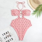 Women Halter Swimsuit Retro Ethnic Moroccan Printing Sexy High Waist Quick-drying Backless Swimwear For Swimming Pink M