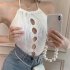 Women Halter Tank Tops Multi color Sexy Hollow out Slim Fit Tops Sleeveless Solid Color Knitted Shirt pink One size