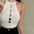 Women Halter Tank Tops Multi color Sexy Hollow out Slim Fit Tops Sleeveless Solid Color Knitted Shirt pink One size