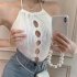 Women Halter Tank Tops Multi color Sexy Hollow out Slim Fit Tops Sleeveless Solid Color Knitted Shirt orange One size
