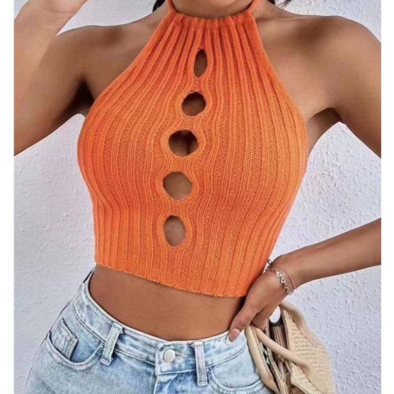 Women Halter Tank Tops Multi-color Sexy Hollow-out Slim Fit Tops Sleeveless Solid Color Knitted Shirt orange One size