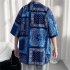 Women Hawaiian Lapel Shirt Retro Ethnic Style Printing Jacket Loose Casual Cardigan Tops For Couple 1301 blue M