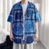 Women Hawaiian Lapel Shirt Retro Ethnic Style Printing Jacket Loose Casual Cardigan Tops For Couple 1301 blue M