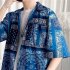 Women Hawaiian Lapel Shirt Retro Ethnic Style Printing Jacket Loose Casual Cardigan Tops For Couple 1301 red M