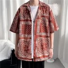 Women Hawaiian Lapel Shirt Retro Ethnic Style Printing Jacket Loose Casual Cardigan Tops For Couple 1301 red M