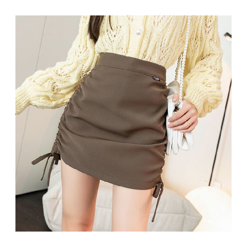 Women High Waist Bodycon Short Skirt Sexy Lace-up Drawstring Simple Elegant Solid Color A-line Skirt coffee color M