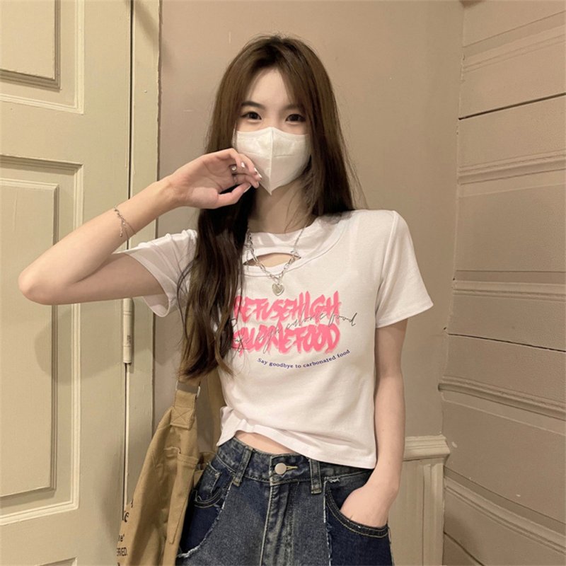 Women Hollow Out Short T-shirt Summer Short Sleeves Slim Fit Crop Tops Elegant Round Neck Pullover Blouse White XL