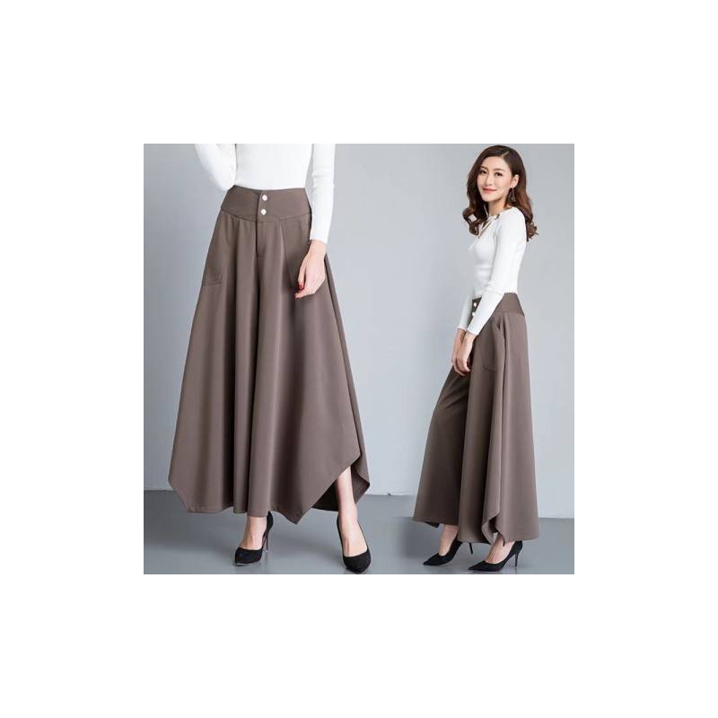 Women Irregular Cropped Pants Trendy Elegant High Waist Large Size Casual Loose Solid Color Wide-leg Pants coffee L