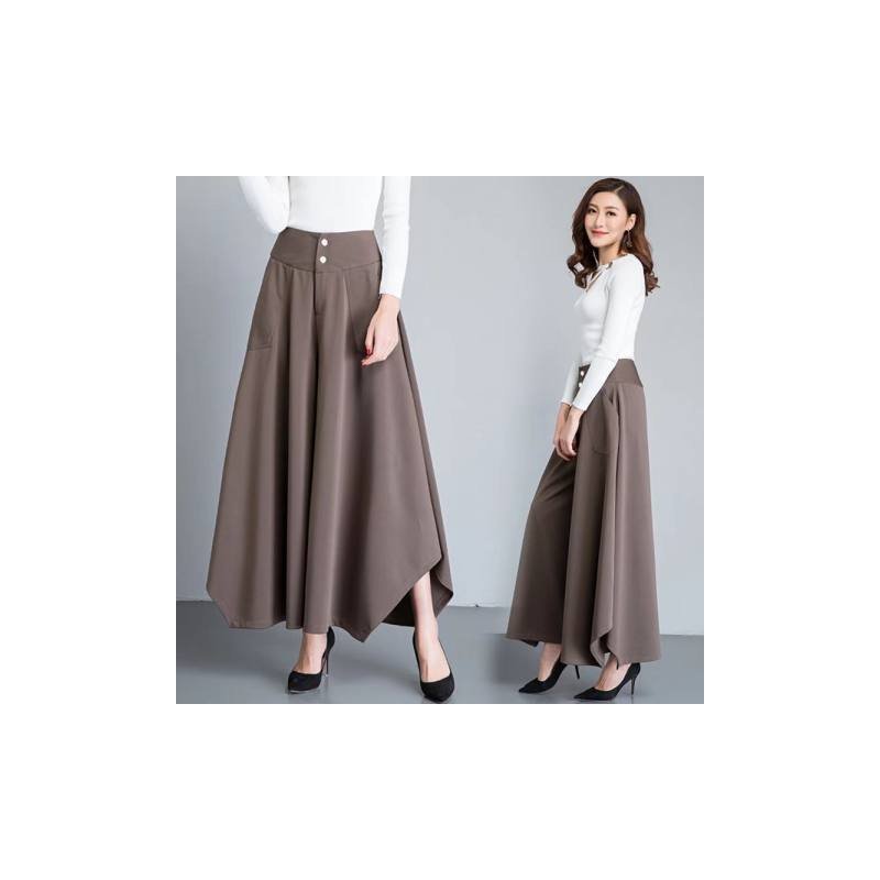 Women Irregular Cropped Pants Trendy Elegant High Waist Large Size Casual Loose Solid Color Wide-leg Pants coffee 2XL