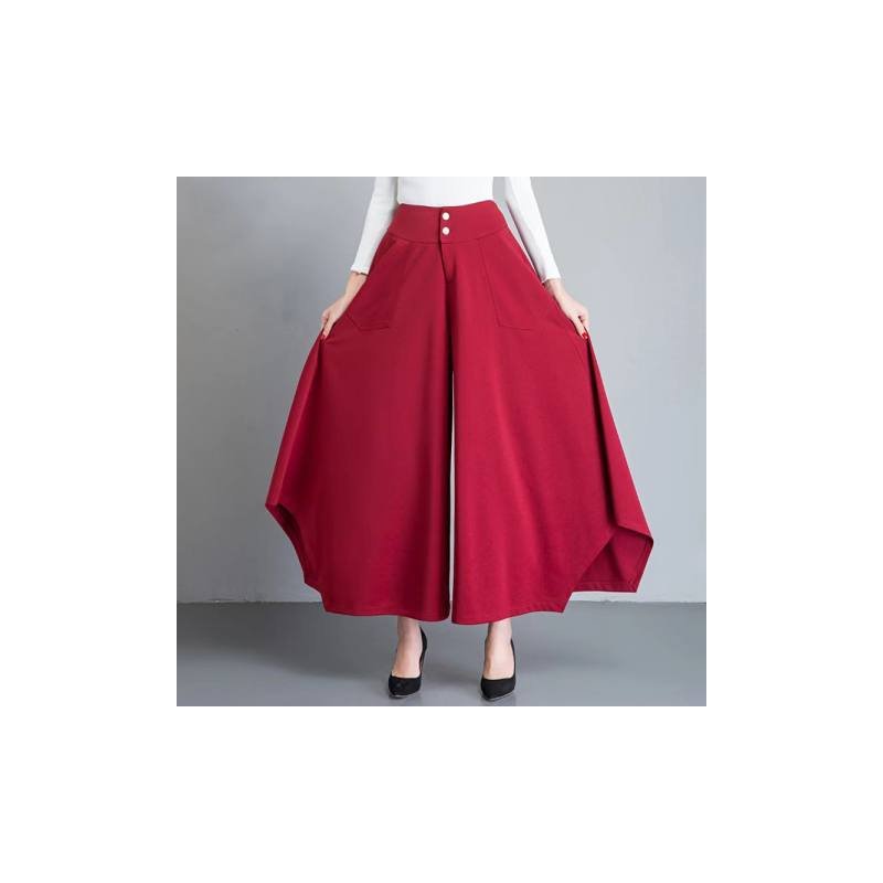 Women Irregular Cropped Pants Trendy Elegant High Waist Large Size Casual Loose Solid Color Wide-leg Pants red XL
