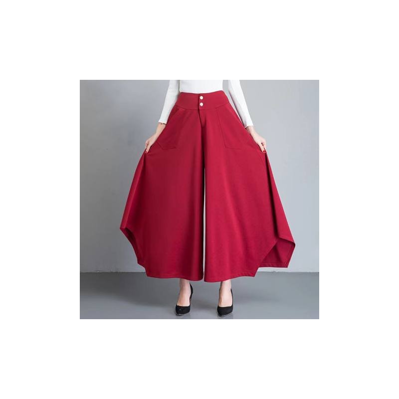 Women Irregular Cropped Pants Trendy Elegant High Waist Large Size Casual Loose Solid Color Wide-leg Pants red 4XL