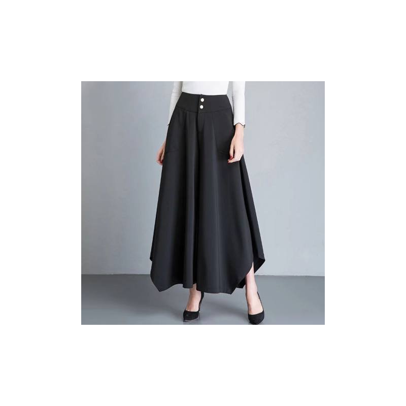 Women Irregular Cropped Pants Trendy Elegant High Waist Large Size Casual Loose Solid Color Wide-leg Pants black L
