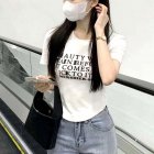 Women Irregular Short Sleeves T-shirt Fashion Letter Round Neck Pullover Tops Slim Fit Knitwear Casual Blouse White One size fits all