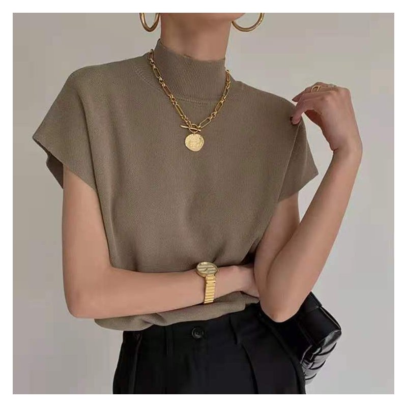 Women Knitted Shirt Fashion Elegant Ice Silk Half Turtleneck T-shirt Loose Solid Color Pullover Knitted Tops gray khaki One size