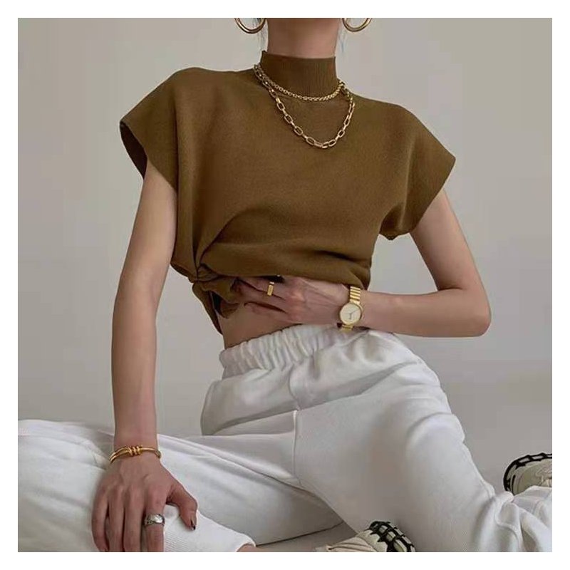Women Knitted Shirt Fashion Elegant Ice Silk Half Turtleneck T-shirt Loose Solid Color Pullover Knitted Tops yellow One size
