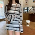 Women Knitted Sweater Fashion Striped Ice Silk Ice Silk Mid-length Blouse Round Neck Pullover Loose Tops White One size