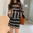 Women Knitted Sweater Fashion Striped Ice Silk Ice Silk Mid-length Blouse Round Neck Pullover Loose Tops black One size