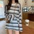 Women Knitted Sweater Fashion Striped Ice Silk Ice Silk Mid length Blouse Round Neck Pullover Loose Tops black One size
