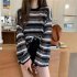 Women Knitted Sweater Fashion Striped Ice Silk Ice Silk Mid length Blouse Round Neck Pullover Loose Tops black One size